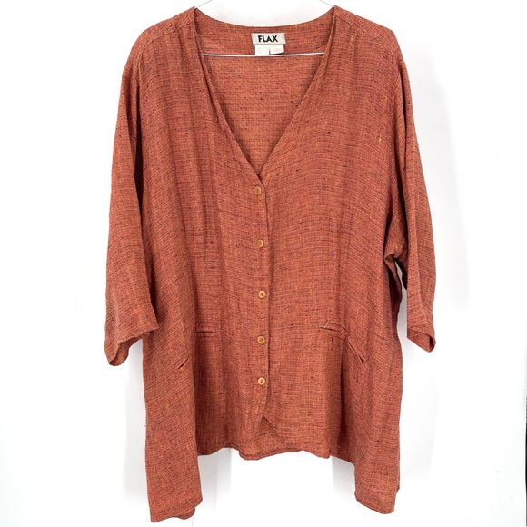 Flax Tops - FLAX Rust Button Front Pocket Cardigan Linen Coastal Flowy Relaxed Tunic Top